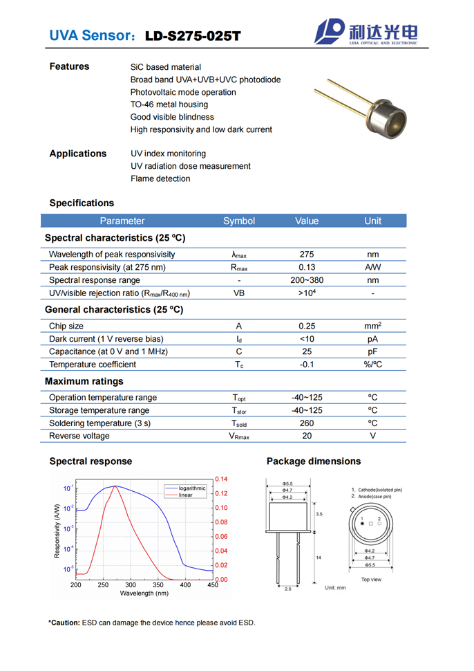 SiC系列紫外探測(cè)器 LD-S275-025T