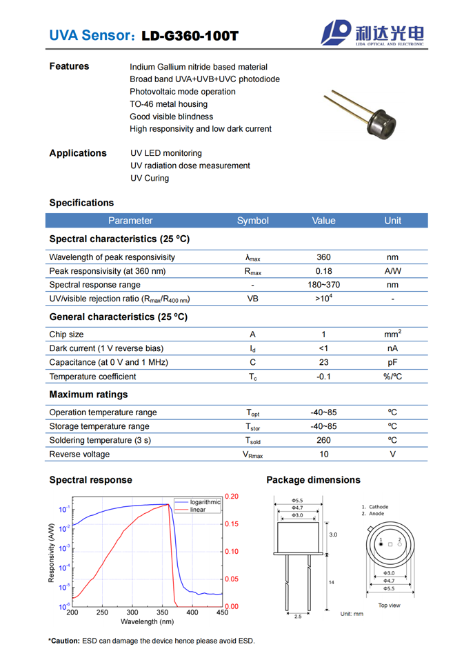 GaN系列紫外探測(cè)器 LD-G360-100T